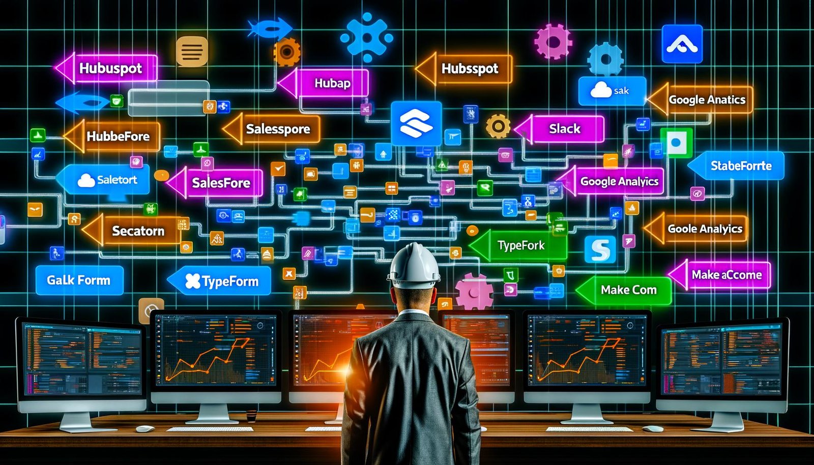 Futuristischer Workspace mit Monitorwänden, die komplexe Zapier-Workflows und bunte Datenflüsse zwischen SaaS-Logos zeigen; ein Architekt mit Bauhelm steht vor einem digitalen Whiteboard voller Trigger, Webhooks und Monitoring-Alerts.
