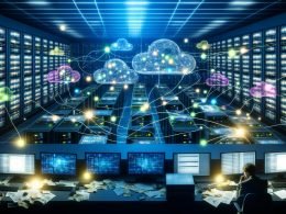 Weitwinkelaufnahme eines futuristischen Kontrollraums mit digitalen Dashboards, Servern, Cloud-Symbolen und Marketer im Chaos versus moderne Konsole mit Echtzeit-Datenintegration.