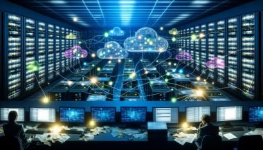 Weitwinkelaufnahme eines futuristischen Kontrollraums mit digitalen Dashboards, Servern, Cloud-Symbolen und Marketer im Chaos versus moderne Konsole mit Echtzeit-Datenintegration.