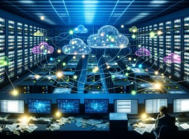 Weitwinkelaufnahme eines futuristischen Kontrollraums mit digitalen Dashboards, Servern, Cloud-Symbolen und Marketer im Chaos versus moderne Konsole mit Echtzeit-Datenintegration.