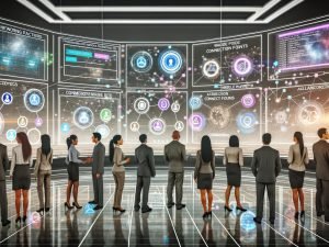 Geschäftsteam in einem modernen Kontrollraum vor digitalen Bildschirmen mit LinkedIn-Logos, Netzwerkdiagrammen, Workflows und schwebenden Marketing-Icons.