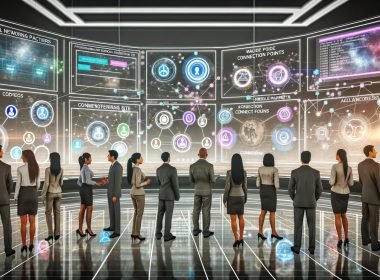 Geschäftsteam in einem modernen Kontrollraum vor digitalen Bildschirmen mit LinkedIn-Logos, Netzwerkdiagrammen, Workflows und schwebenden Marketing-Icons.