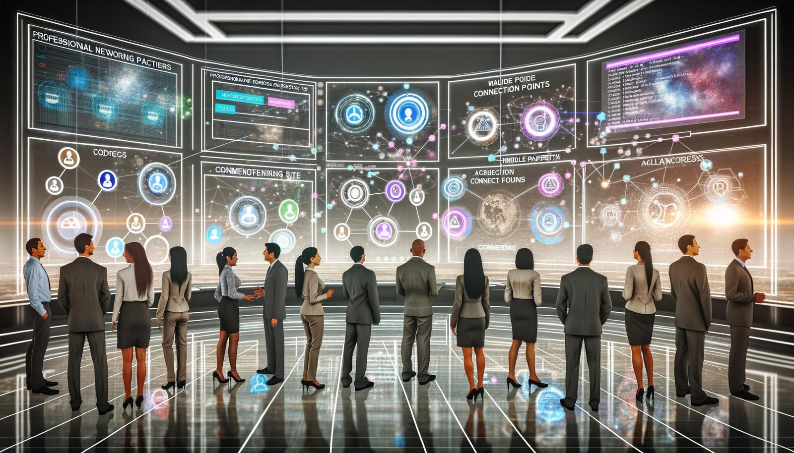 Geschäftsteam in einem modernen Kontrollraum vor digitalen Bildschirmen mit LinkedIn-Logos, Netzwerkdiagrammen, Workflows und schwebenden Marketing-Icons.