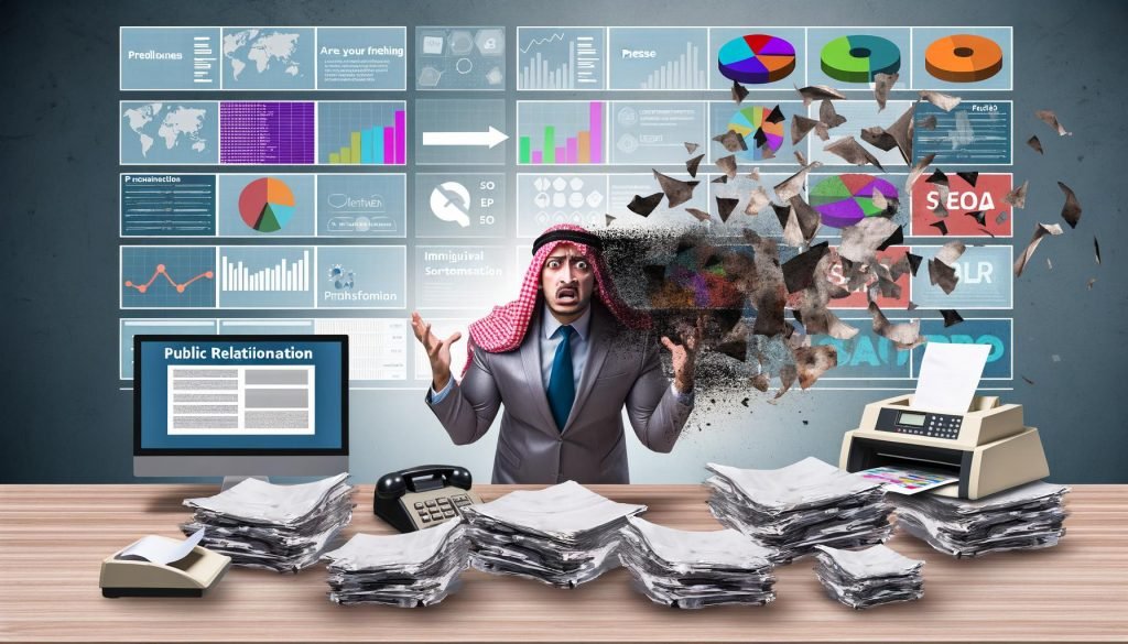 Moderner Arbeitsplatz mit gestresstem PR-Experten, alte Presseunterlagen weichen digitalen Bildschirmen mit Newsfeeds und Analysen.