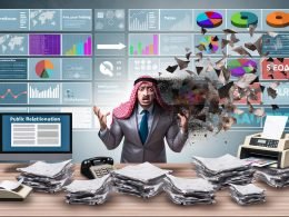 Moderner Arbeitsplatz mit gestresstem PR-Experten, alte Presseunterlagen weichen digitalen Bildschirmen mit Newsfeeds und Analysen.