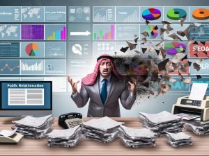Moderner Arbeitsplatz mit gestresstem PR-Experten, alte Presseunterlagen weichen digitalen Bildschirmen mit Newsfeeds und Analysen.