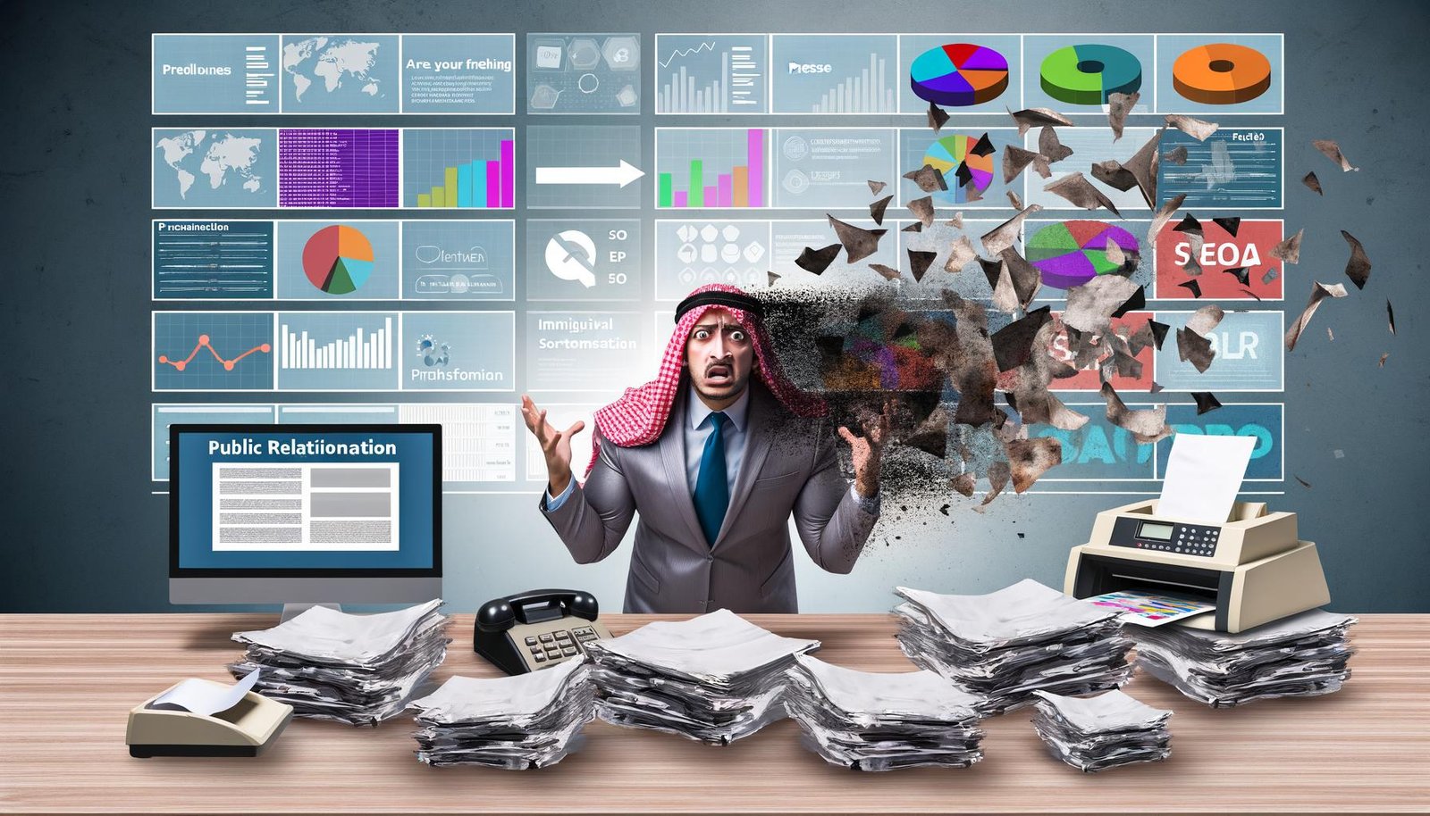 Moderner Arbeitsplatz mit gestresstem PR-Experten, alte Presseunterlagen weichen digitalen Bildschirmen mit Newsfeeds und Analysen.