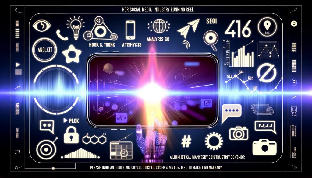 Modernes Smartphone mit laufendem Reel, umgeben von digitalen Icons und Marketing-Begriffen, gestaltet im Neon-Cyberpunk-Look.