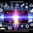 Modernes Smartphone mit laufendem Reel, umgeben von digitalen Icons und Marketing-Begriffen, gestaltet im Neon-Cyberpunk-Look.