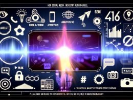 Modernes Smartphone mit laufendem Reel, umgeben von digitalen Icons und Marketing-Begriffen, gestaltet im Neon-Cyberpunk-Look.