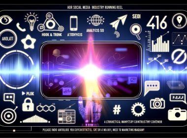 Modernes Smartphone mit laufendem Reel, umgeben von digitalen Icons und Marketing-Begriffen, gestaltet im Neon-Cyberpunk-Look.
