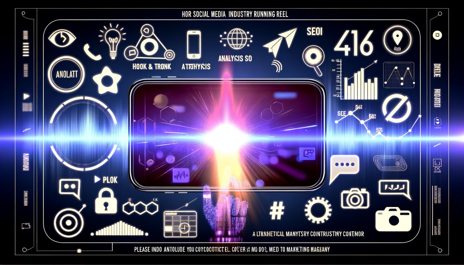 Modernes Smartphone mit laufendem Reel, umgeben von digitalen Icons und Marketing-Begriffen, gestaltet im Neon-Cyberpunk-Look.