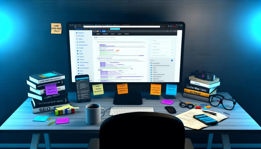 Flacher Arbeitsplatz mit großem Monitor, offenem WordPress Dashboard voller SEO-Plugins, umgeben von haftenden Notizzetteln mit SEO-Fachbegriffen, Fachbüchern, einer halb getrunkenen Kaffeetasse und einem Smartphone mit schlechten Rankings.