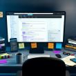 Flacher Arbeitsplatz mit großem Monitor, offenem WordPress Dashboard voller SEO-Plugins, umgeben von haftenden Notizzetteln mit SEO-Fachbegriffen, Fachbüchern, einer halb getrunkenen Kaffeetasse und einem Smartphone mit schlechten Rankings.