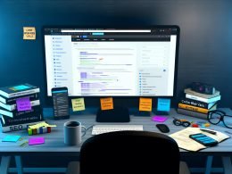 Flacher Arbeitsplatz mit großem Monitor, offenem WordPress Dashboard voller SEO-Plugins, umgeben von haftenden Notizzetteln mit SEO-Fachbegriffen, Fachbüchern, einer halb getrunkenen Kaffeetasse und einem Smartphone mit schlechten Rankings.