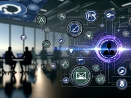 Illustrierte Szene eines modernen Büros mit digitalen Martech-Logos wie HubSpot, Google Analytics und Zapier als zentralem Verbindungspunkt, umgeben von Datenströmen und arbeitenden Marketer:innen.