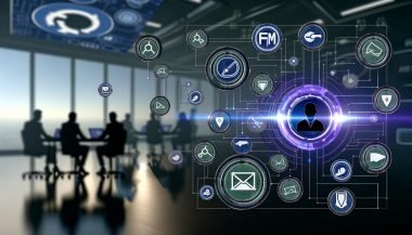Illustrierte Szene eines modernen Büros mit digitalen Martech-Logos wie HubSpot, Google Analytics und Zapier als zentralem Verbindungspunkt, umgeben von Datenströmen und arbeitenden Marketer:innen.