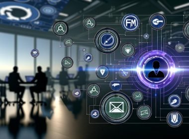 Illustrierte Szene eines modernen Büros mit digitalen Martech-Logos wie HubSpot, Google Analytics und Zapier als zentralem Verbindungspunkt, umgeben von Datenströmen und arbeitenden Marketer:innen.