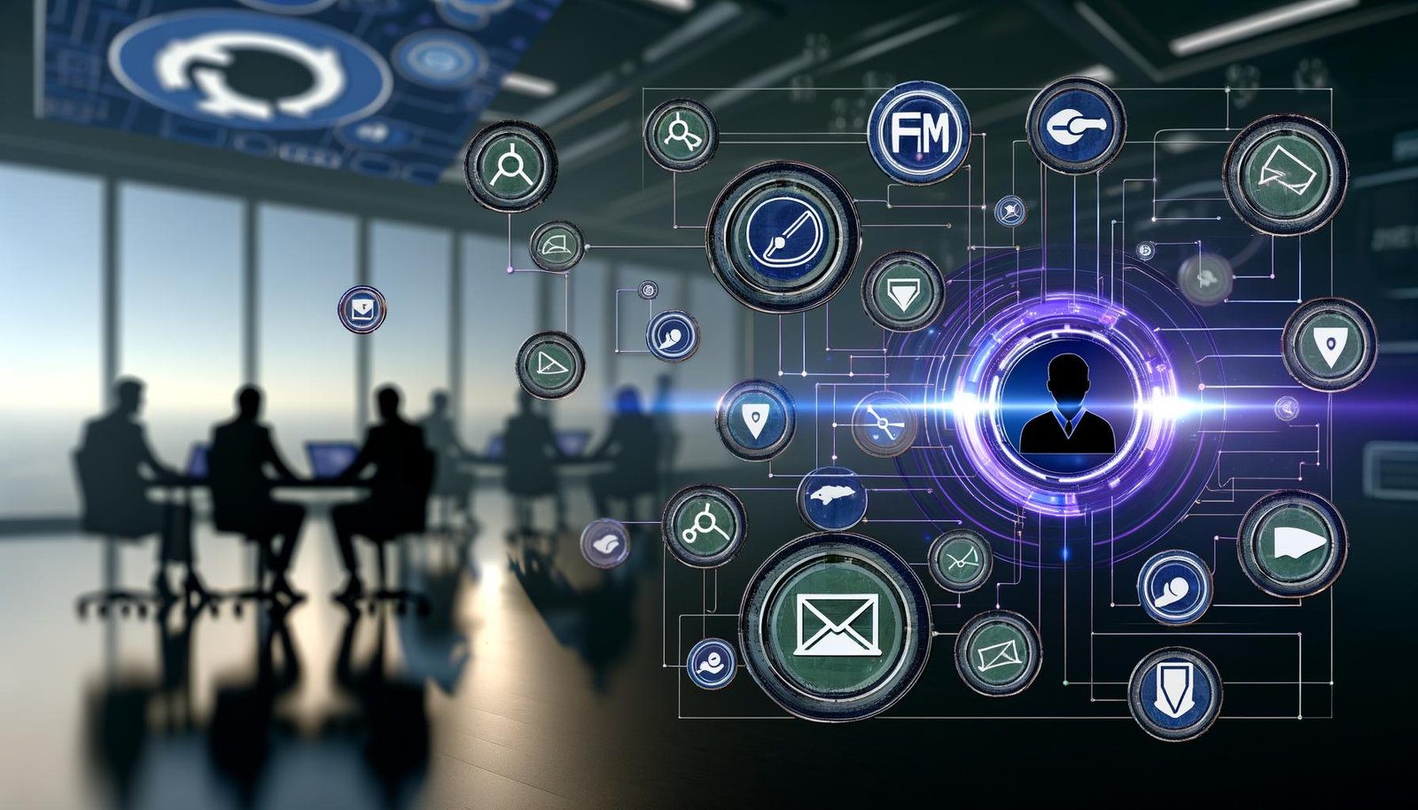 Illustrierte Szene eines modernen Büros mit digitalen Martech-Logos wie HubSpot, Google Analytics und Zapier als zentralem Verbindungspunkt, umgeben von Datenströmen und arbeitenden Marketer:innen.