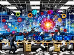 Szene in einem Großraumbüro mit überforderten IT-Spezialisten, zahlreichen Bildschirmen voller Daten und System-Logos sowie einer zentralen Datenpipeline zum Data Lake.