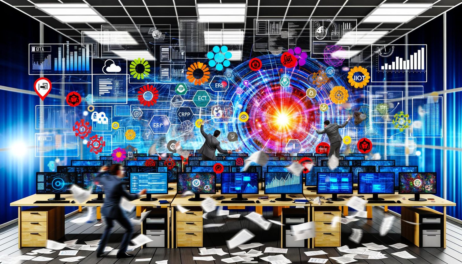 Szene in einem Großraumbüro mit überforderten IT-Spezialisten, zahlreichen Bildschirmen voller Daten und System-Logos sowie einer zentralen Datenpipeline zum Data Lake.