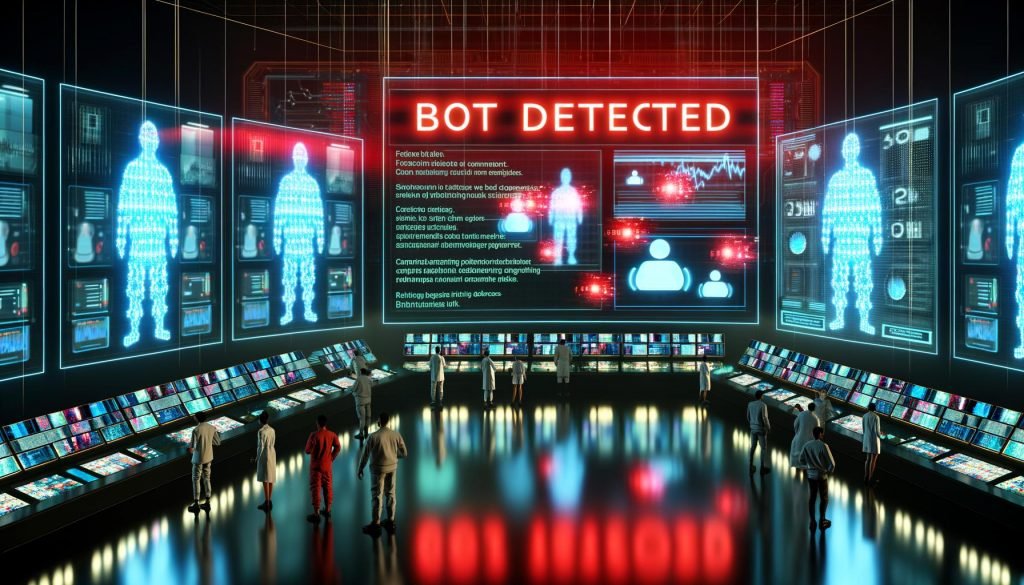 Hightech-Kontrollraum mit Dashboards, KI-Visualisierung und Marketer analysieren Betrugsfälle im Online-Werbeverkehr.