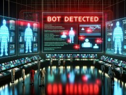 Hightech-Kontrollraum mit Dashboards, KI-Visualisierung und Marketer analysieren Betrugsfälle im Online-Werbeverkehr.