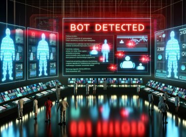 Hightech-Kontrollraum mit Dashboards, KI-Visualisierung und Marketer analysieren Betrugsfälle im Online-Werbeverkehr.
