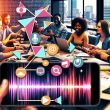 Dynamisches Collage-Bild von jungen Professionals, die in einem modernen Büro an Laptops und Handys TikTok und Instagram Reels-Inhalte planen, mit Audio-Wellenformen, Sprechblasen und technischer Ausrüstung im Vordergrund.