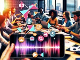 Dynamisches Collage-Bild von jungen Professionals, die in einem modernen Büro an Laptops und Handys TikTok und Instagram Reels-Inhalte planen, mit Audio-Wellenformen, Sprechblasen und technischer Ausrüstung im Vordergrund.
