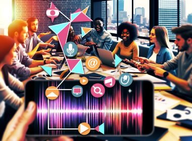 Dynamisches Collage-Bild von jungen Professionals, die in einem modernen Büro an Laptops und Handys TikTok und Instagram Reels-Inhalte planen, mit Audio-Wellenformen, Sprechblasen und technischer Ausrüstung im Vordergrund.