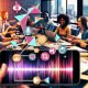 Dynamisches Collage-Bild von jungen Professionals, die in einem modernen Büro an Laptops und Handys TikTok und Instagram Reels-Inhalte planen, mit Audio-Wellenformen, Sprechblasen und technischer Ausrüstung im Vordergrund.