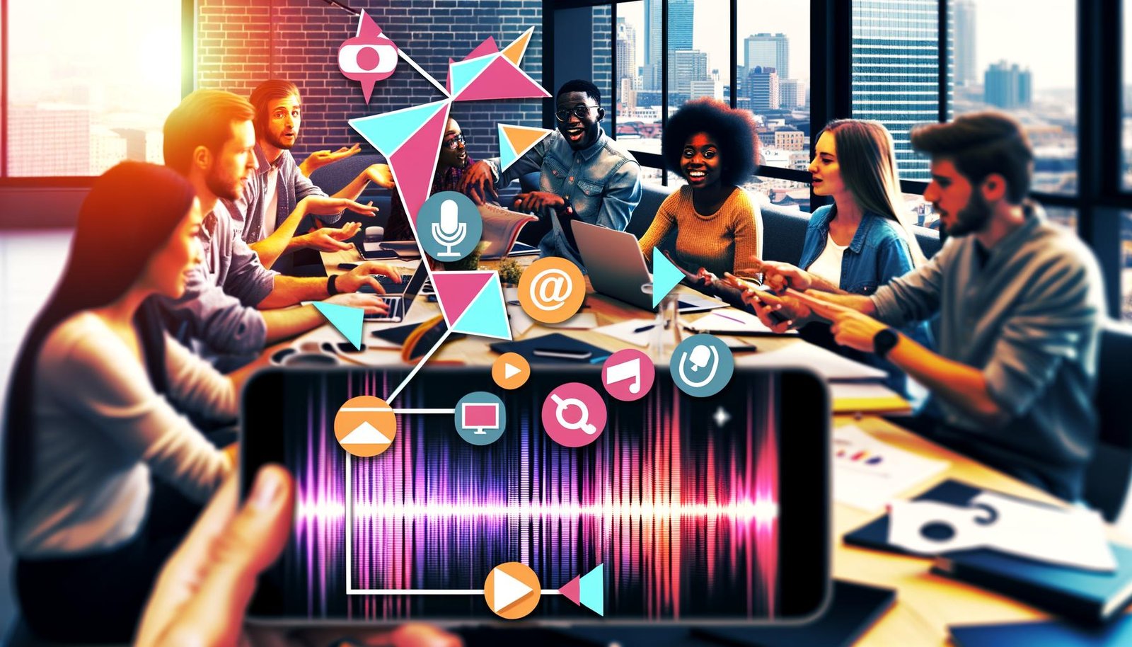 Dynamisches Collage-Bild von jungen Professionals, die in einem modernen Büro an Laptops und Handys TikTok und Instagram Reels-Inhalte planen, mit Audio-Wellenformen, Sprechblasen und technischer Ausrüstung im Vordergrund.