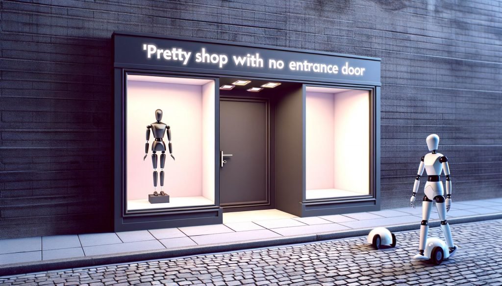 Makelloses, modernes Schaufenster in dunkler, menschenleerer Gasse ohne Eingangstür, Passanten und Roboter laufen vorbei
