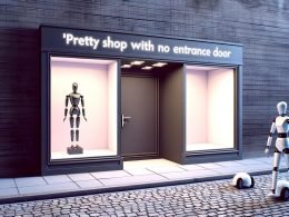 Makelloses, modernes Schaufenster in dunkler, menschenleerer Gasse ohne Eingangstür, Passanten und Roboter laufen vorbei