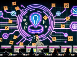 Futuristisches Marketingteam am Schreibtisch mit Computerbildschirmen, Haftnotizen, blinkenden Warnhinweisen und schwebendem Zapier-Automatisierungsbutton im Hintergrund.