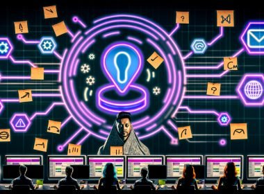 Futuristisches Marketingteam am Schreibtisch mit Computerbildschirmen, Haftnotizen, blinkenden Warnhinweisen und schwebendem Zapier-Automatisierungsbutton im Hintergrund.