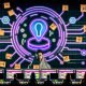 Futuristisches Marketingteam am Schreibtisch mit Computerbildschirmen, Haftnotizen, blinkenden Warnhinweisen und schwebendem Zapier-Automatisierungsbutton im Hintergrund.