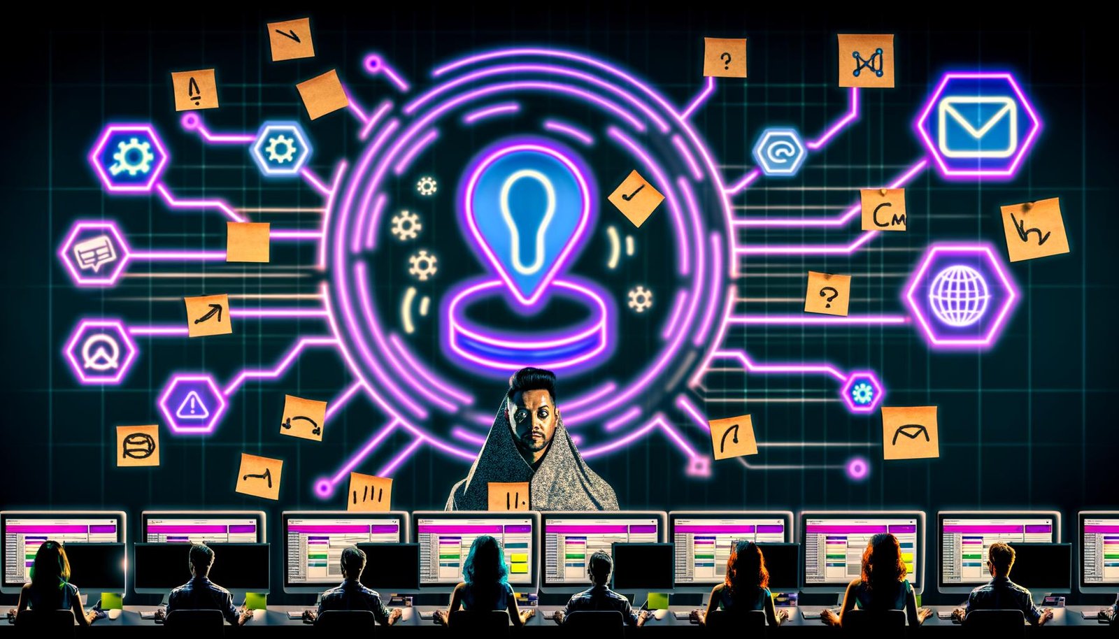 Futuristisches Marketingteam am Schreibtisch mit Computerbildschirmen, Haftnotizen, blinkenden Warnhinweisen und schwebendem Zapier-Automatisierungsbutton im Hintergrund.