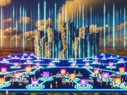 Digitale Vernetzung mit CRM, ERP, E-Commerce und IoT, verbunden durch Datenströme, umgeben von zerfallenden Datensilos in einem futuristischen Büro.