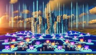 Digitale Vernetzung mit CRM, ERP, E-Commerce und IoT, verbunden durch Datenströme, umgeben von zerfallenden Datensilos in einem futuristischen Büro.