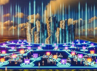 Digitale Vernetzung mit CRM, ERP, E-Commerce und IoT, verbunden durch Datenströme, umgeben von zerfallenden Datensilos in einem futuristischen Büro.