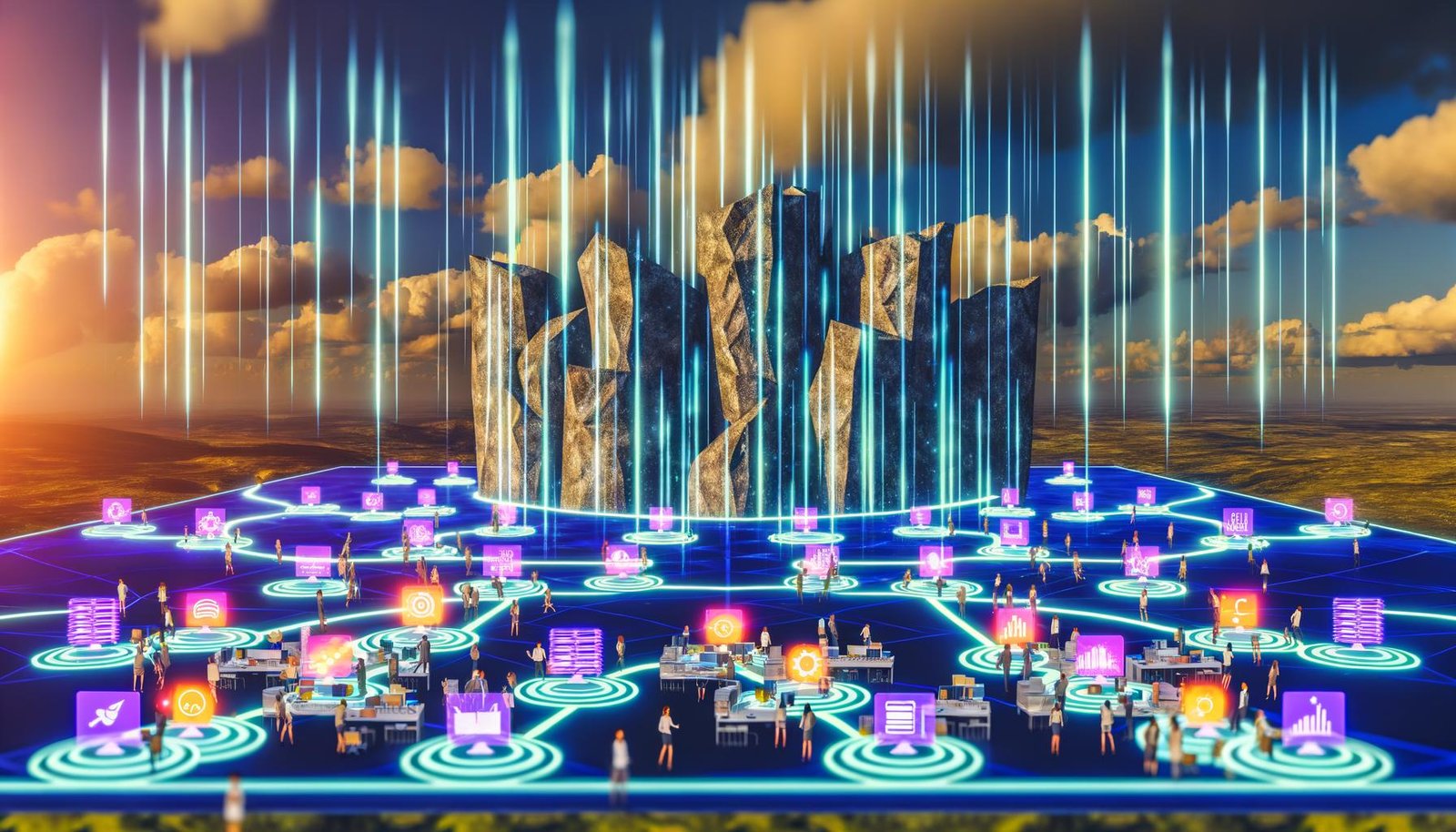 Digitale Vernetzung mit CRM, ERP, E-Commerce und IoT, verbunden durch Datenströme, umgeben von zerfallenden Datensilos in einem futuristischen Büro.