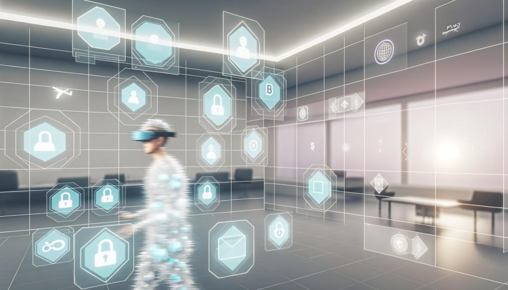 Menschen mit AR-Brillen bewegen sich in einem futuristischen Raum mit schwebenden Outbrain Ads-Hologrammen, digitalen Overlays und subtilen Datenschutzsymbolen.