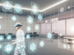 Menschen mit AR-Brillen bewegen sich in einem futuristischen Raum mit schwebenden Outbrain Ads-Hologrammen, digitalen Overlays und subtilen Datenschutzsymbolen.