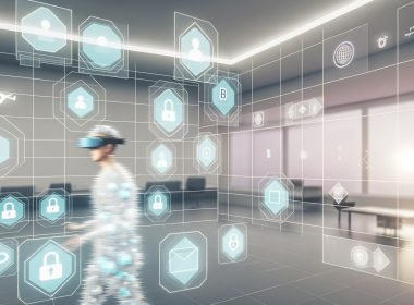 Menschen mit AR-Brillen bewegen sich in einem futuristischen Raum mit schwebenden Outbrain Ads-Hologrammen, digitalen Overlays und subtilen Datenschutzsymbolen.