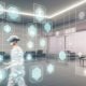 Menschen mit AR-Brillen bewegen sich in einem futuristischen Raum mit schwebenden Outbrain Ads-Hologrammen, digitalen Overlays und subtilen Datenschutzsymbolen.