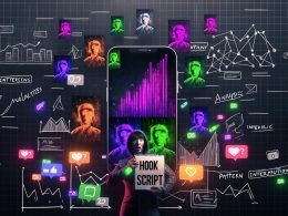 Collage aus Smartphone-Bildschirmen mit farbenfrohen Instagram Reels, Analyse-Icons, einer Person mit Hook-Script-Notizbuch, bunten Stiften und digitalen Diagrammen auf dunklem Hintergrund.