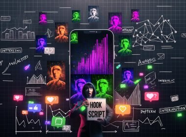 Collage aus Smartphone-Bildschirmen mit farbenfrohen Instagram Reels, Analyse-Icons, einer Person mit Hook-Script-Notizbuch, bunten Stiften und digitalen Diagrammen auf dunklem Hintergrund.