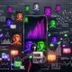 Collage aus Smartphone-Bildschirmen mit farbenfrohen Instagram Reels, Analyse-Icons, einer Person mit Hook-Script-Notizbuch, bunten Stiften und digitalen Diagrammen auf dunklem Hintergrund.